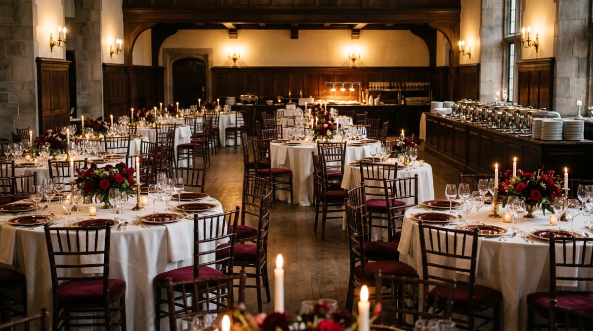 An event room set with linen-draped round tables and a service station of covered silver pieces.