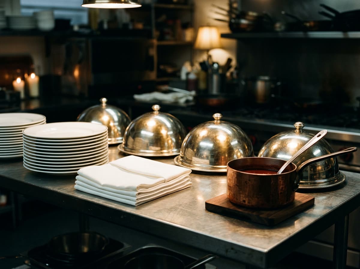Silver cloches, stacked white plates, folded napkins and a copper pan on a prep table.