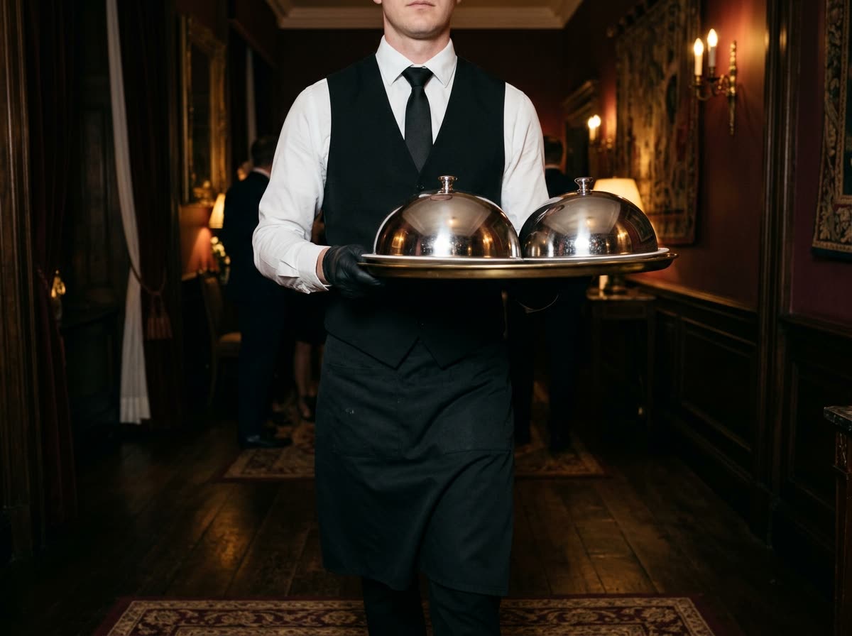 A server in white shirt and black tie carries two cloche-covered plates, face out of frame.