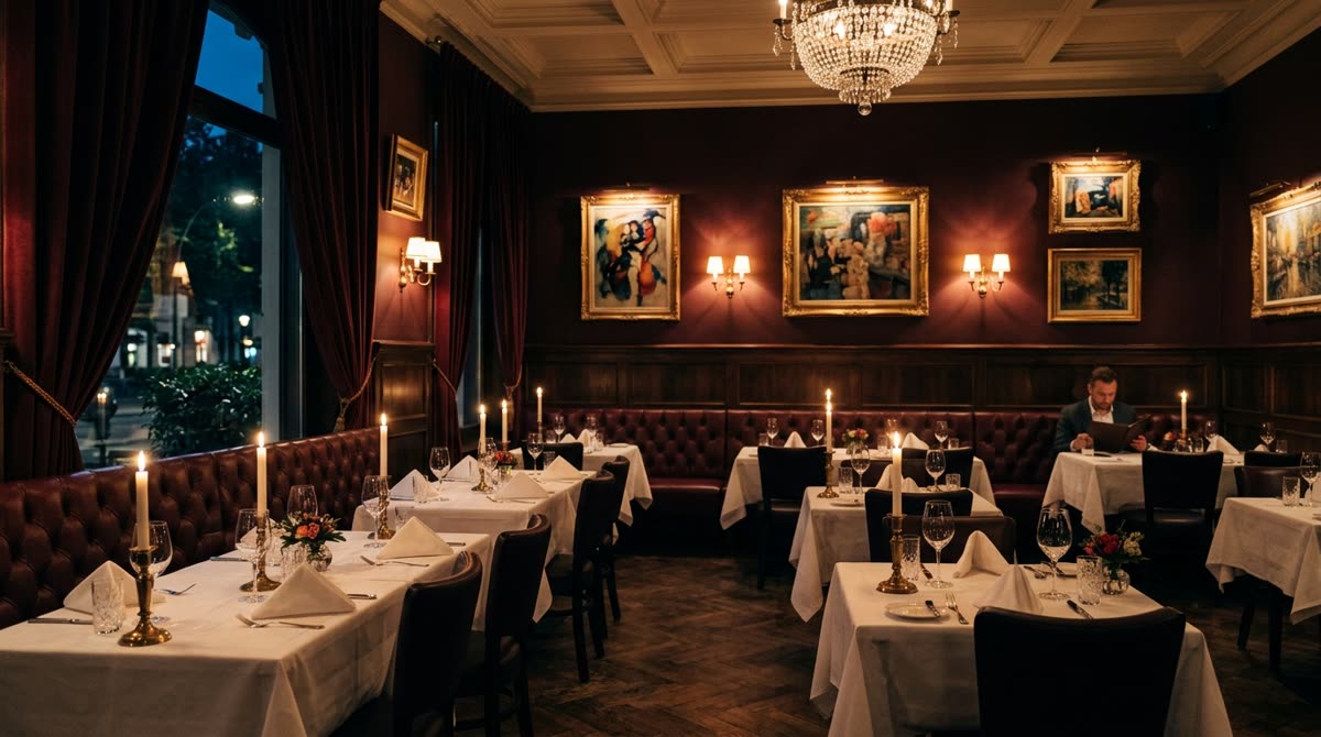 A candlelit French dining room with tufted banquettes, white linen tables and brass sconces.