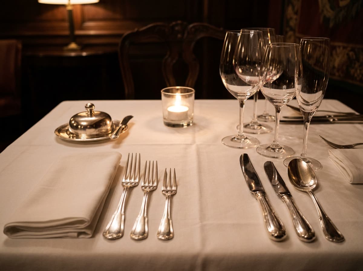 A formal place setting of graduated forks, crystal stemware, linen napkin and a votive candle.