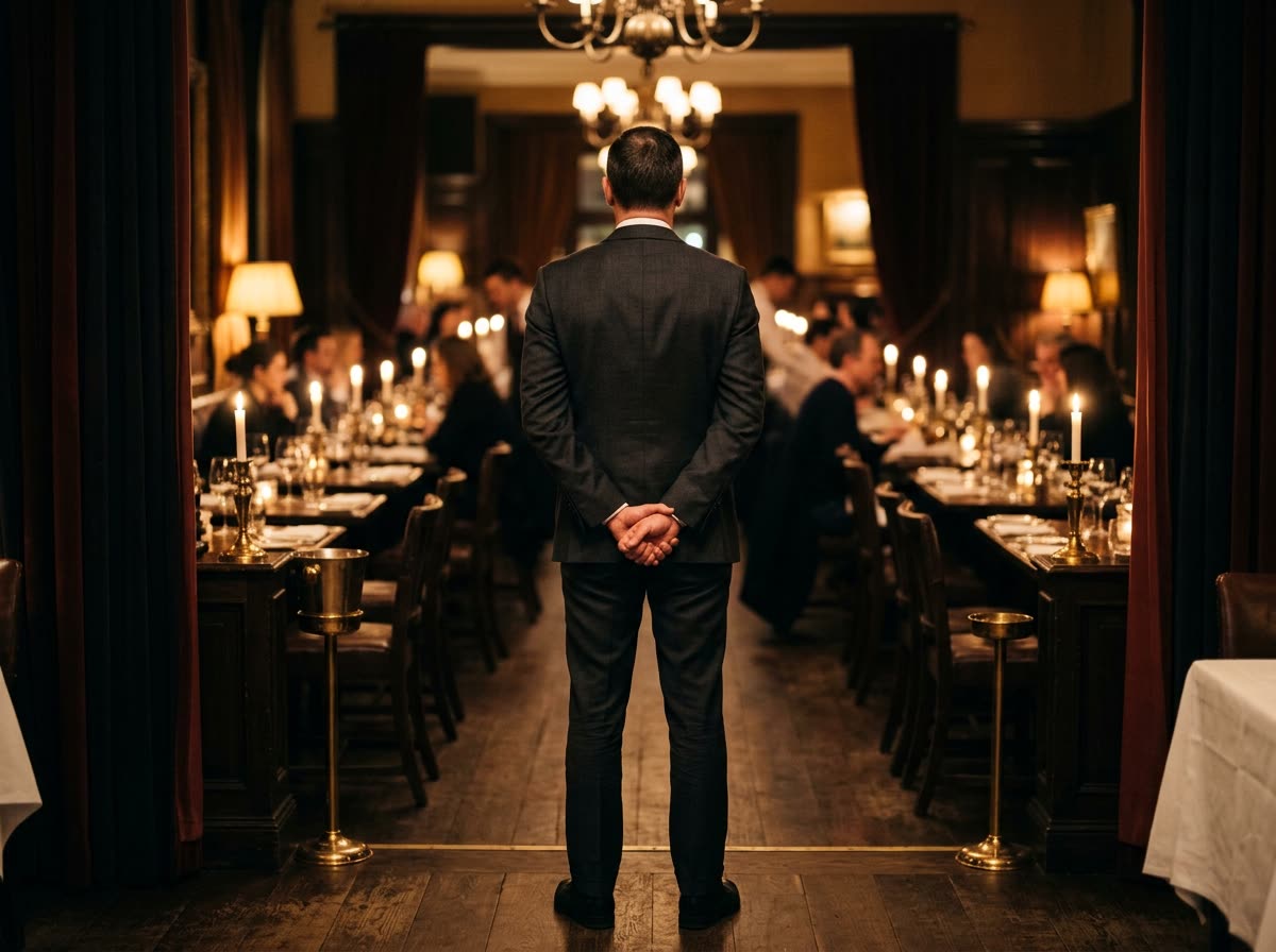 A maitre d' in a dark suit stands with hands clasped behind him at the edge of a dining room.
