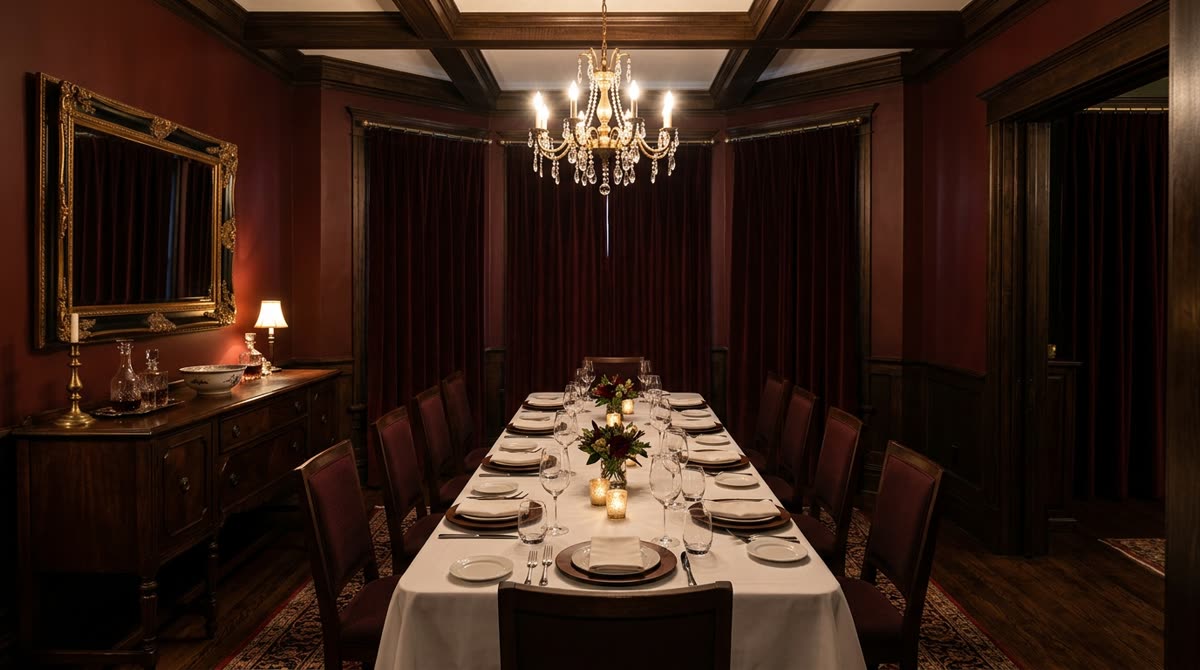 A private dining room set for ten with one long linen table, velvet drapes and a dimmed chandelier.