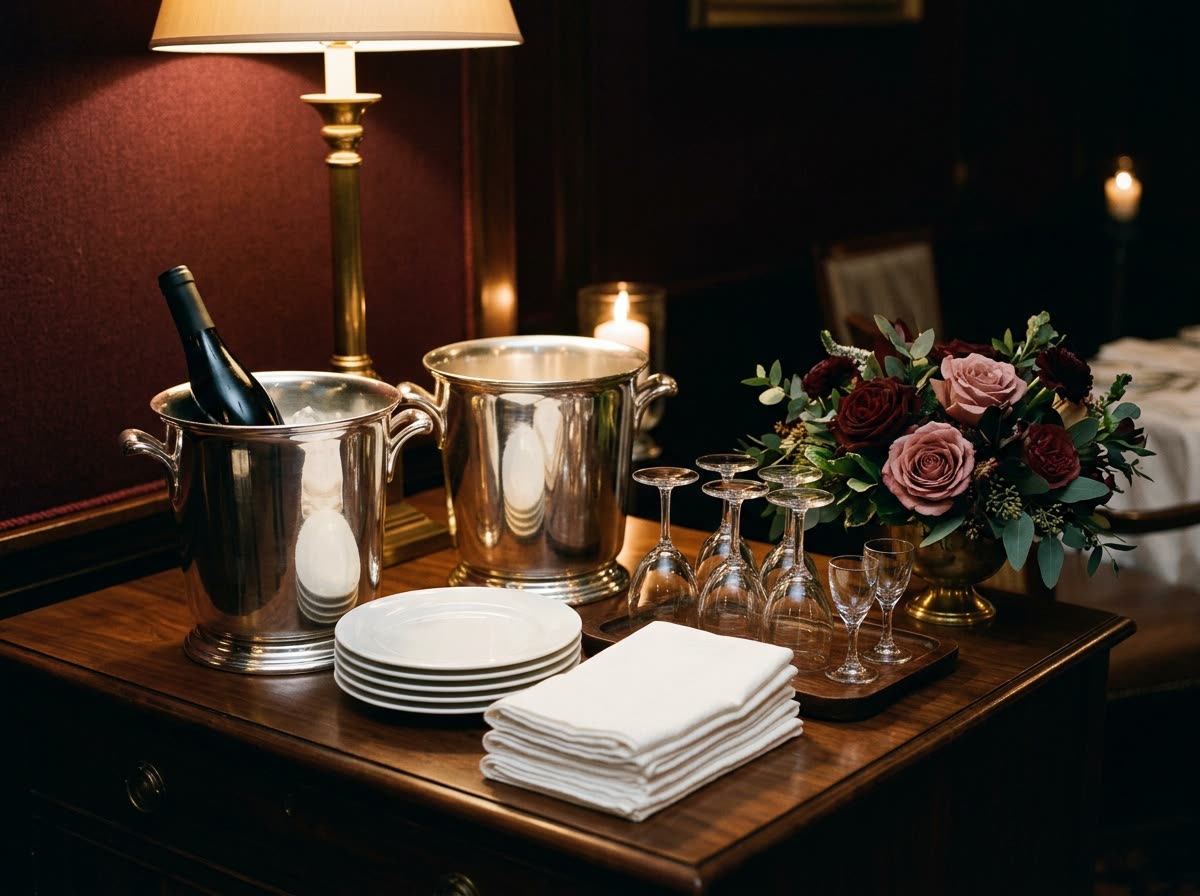 Silver wine buckets, stacked side plates, folded napkins and roses on a wooden sideboard.
