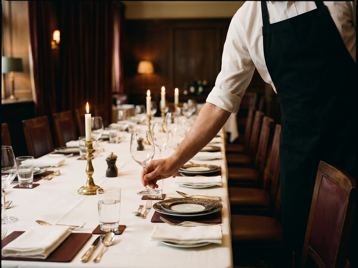 A server, head cropped from frame, places a wine glass at a setting on a long table.