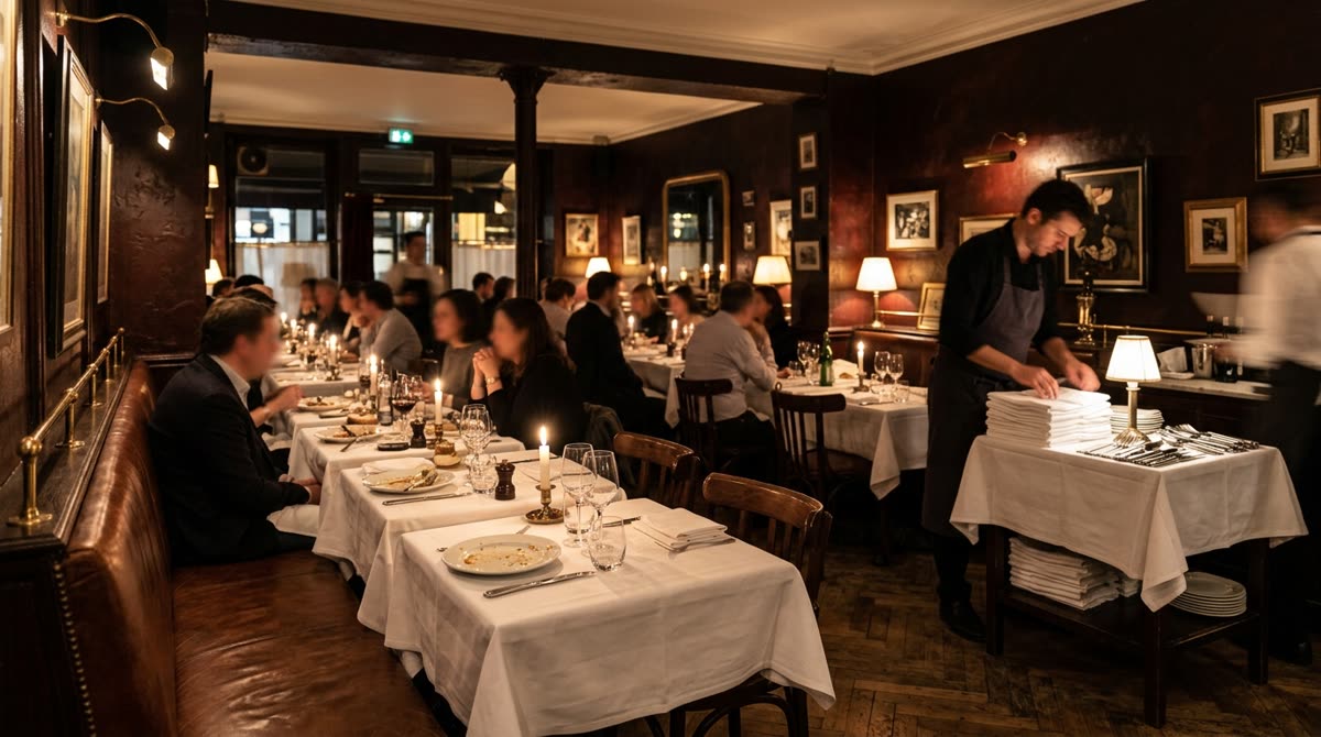 A candlelit dining room seen from a corner, tables at different stages of a multi-course meal.