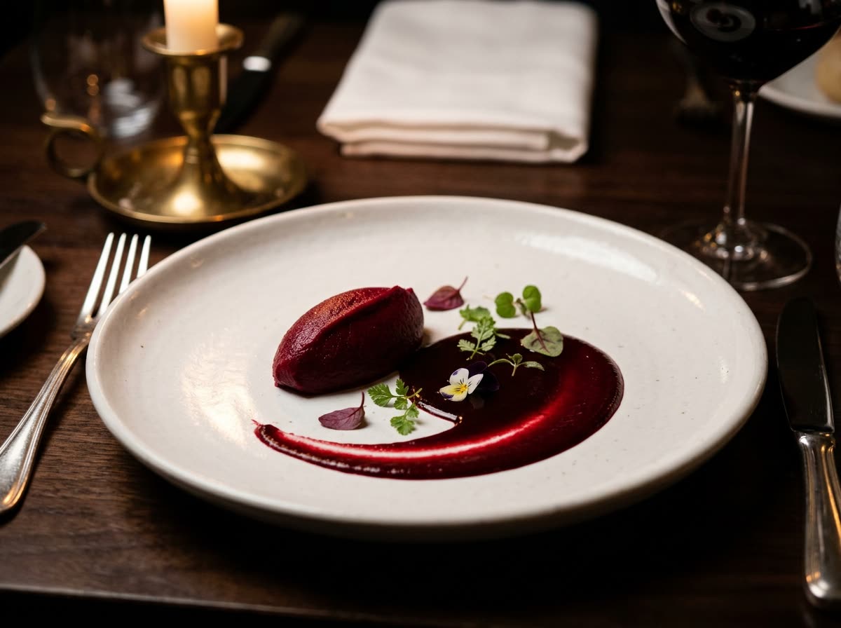 A small plated course with sauce spooned in an arc and herb garnish on a wide-rimmed plate.