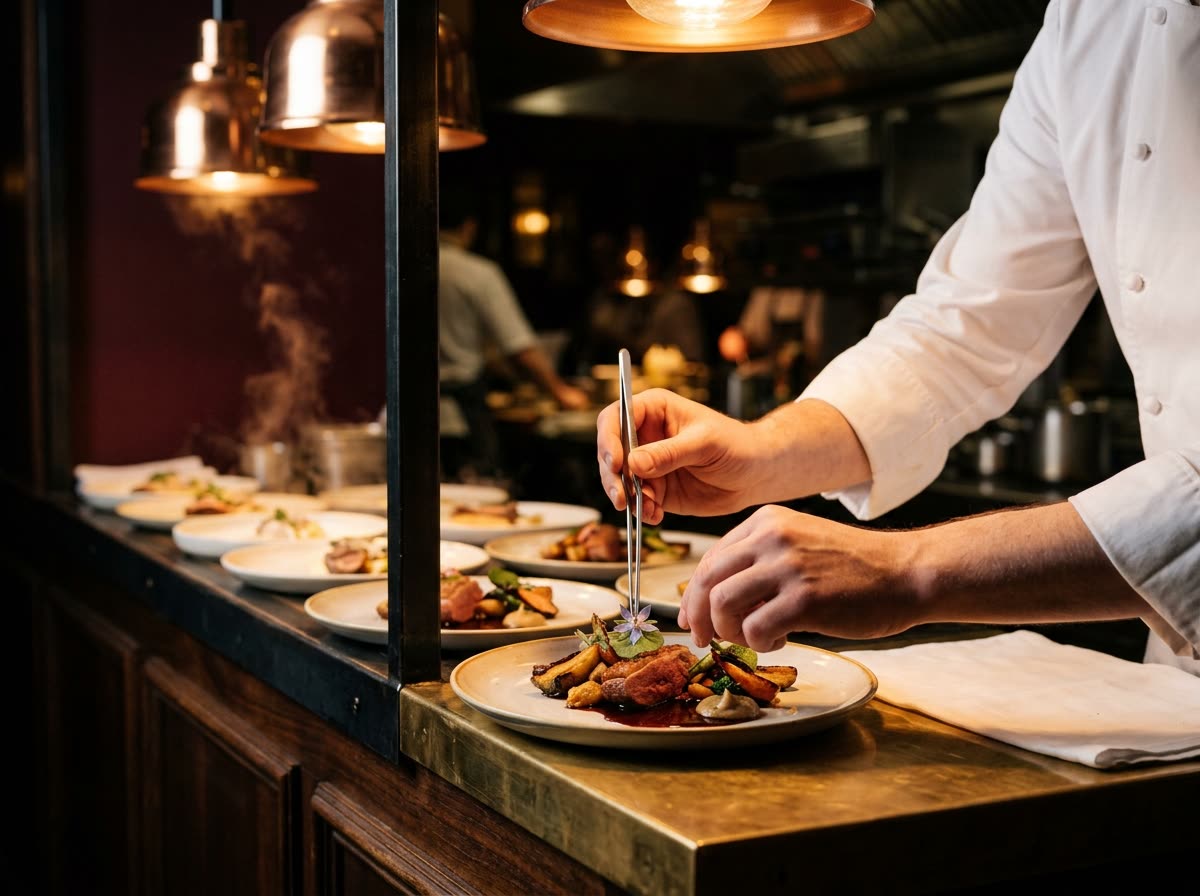 A chef's hands place a herb garnish on a plate at the pass under heat lamps.