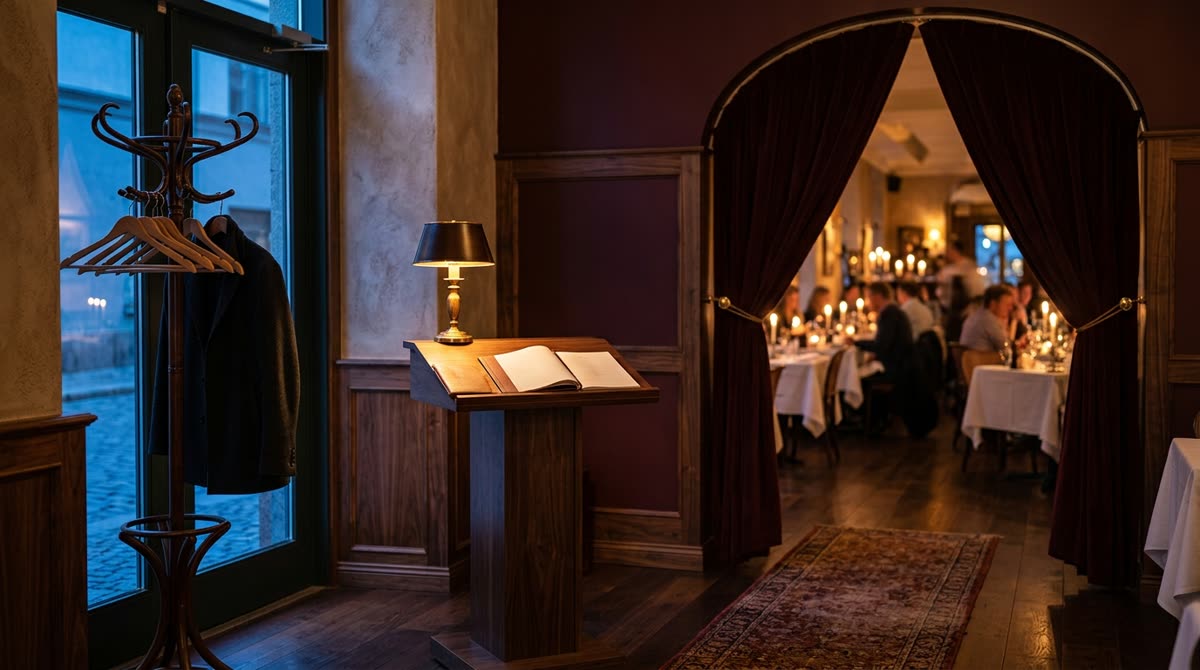 A restaurant entry vestibule at dusk with a host lectern, coat rack and a curtained archway.