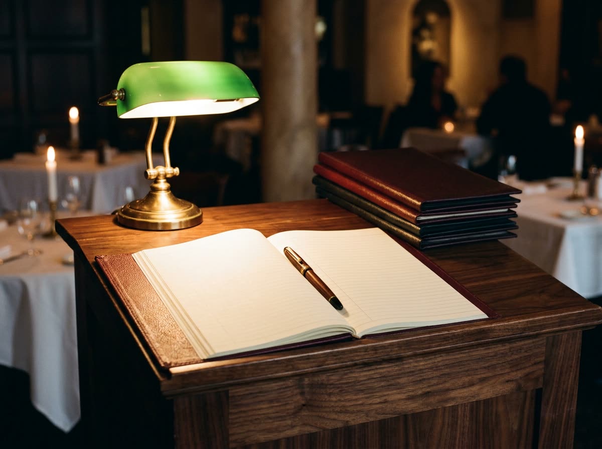An open ledger with blank pages, a fountain pen and a brass lamp on a host lectern.