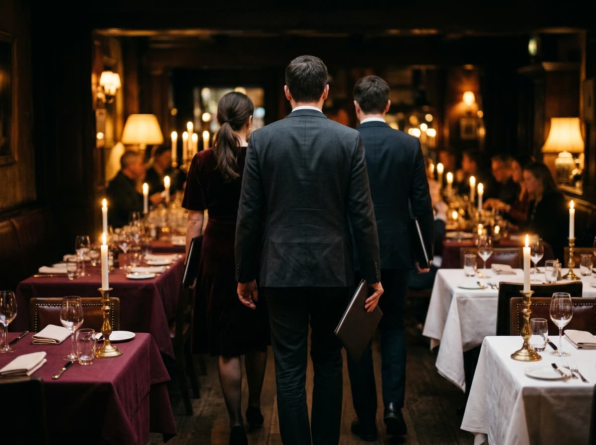 A host seen from behind leads two guests down an aisle between candlelit tables.