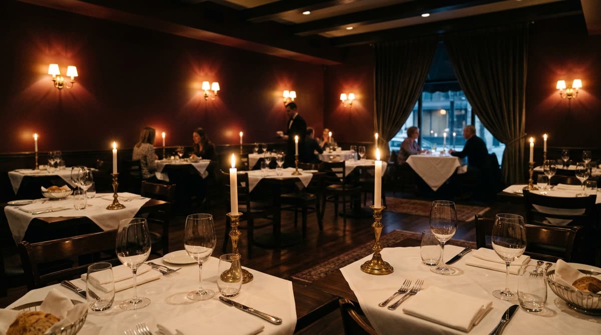 A dim dining room with widely spaced tables for two, each lit by a single taper candle.