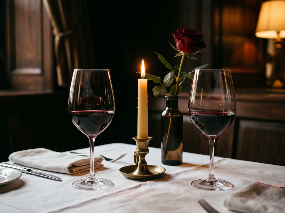 A burning taper candle between two wine glasses and a single rose on a linen-covered table.