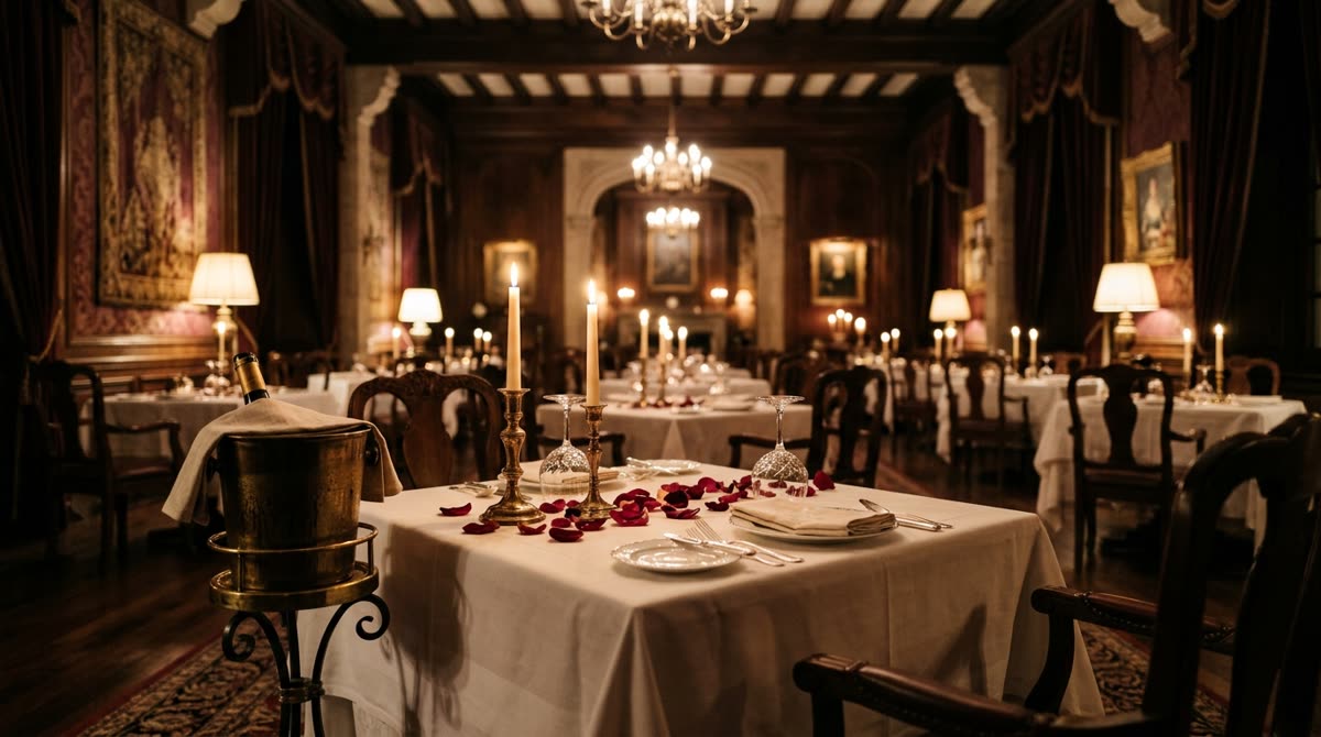 A dining room table dressed with rose petals and a chilling bucket, the room soft behind it.