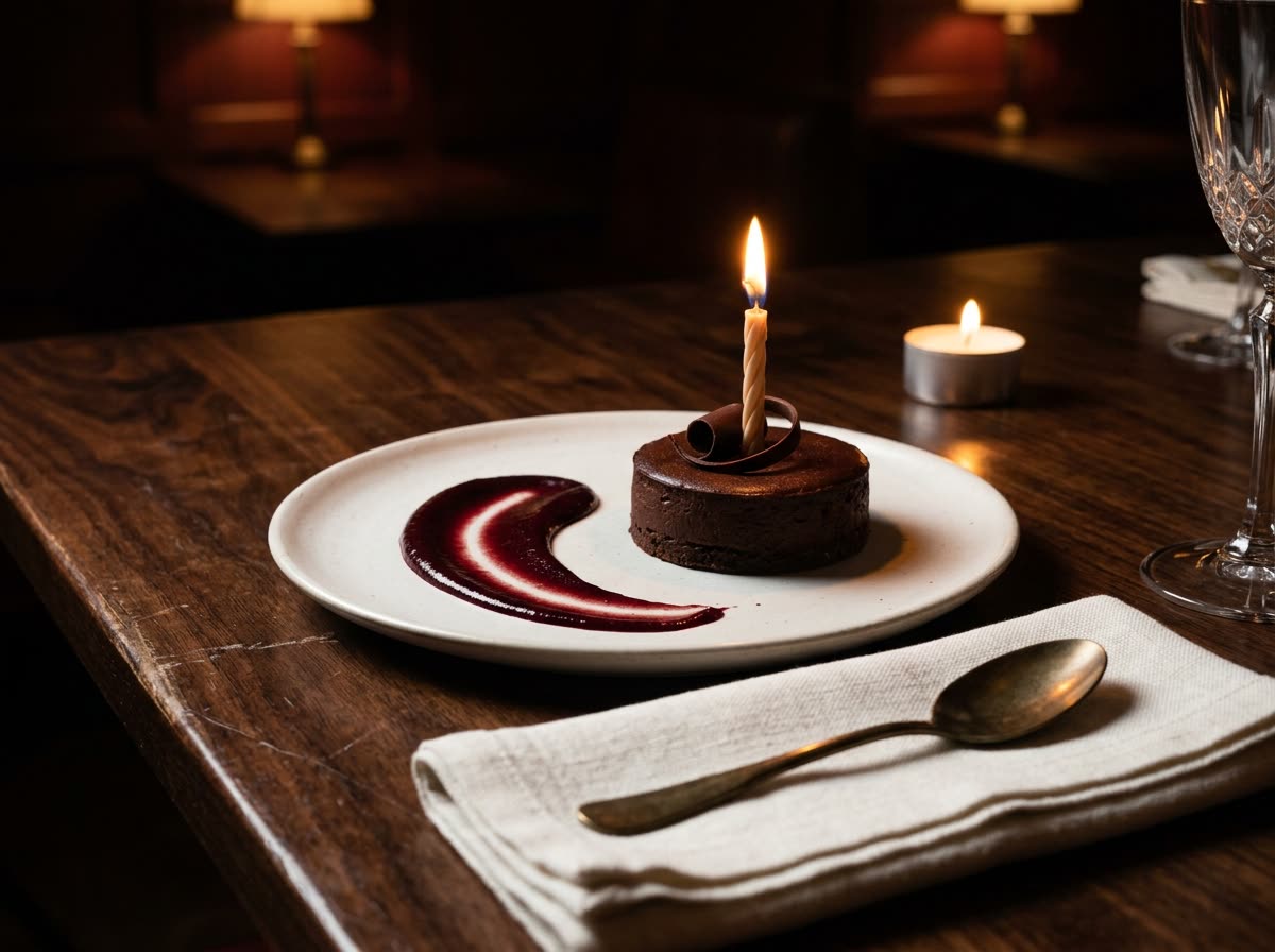 A small dessert with a chocolate curl and a single lit candle beside a folded napkin.