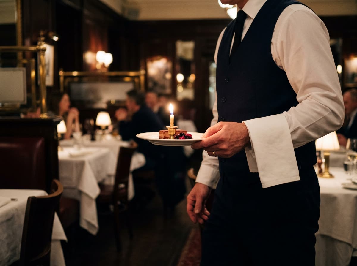 A server carries a dessert plate with one lit candle, framed from the chest down.