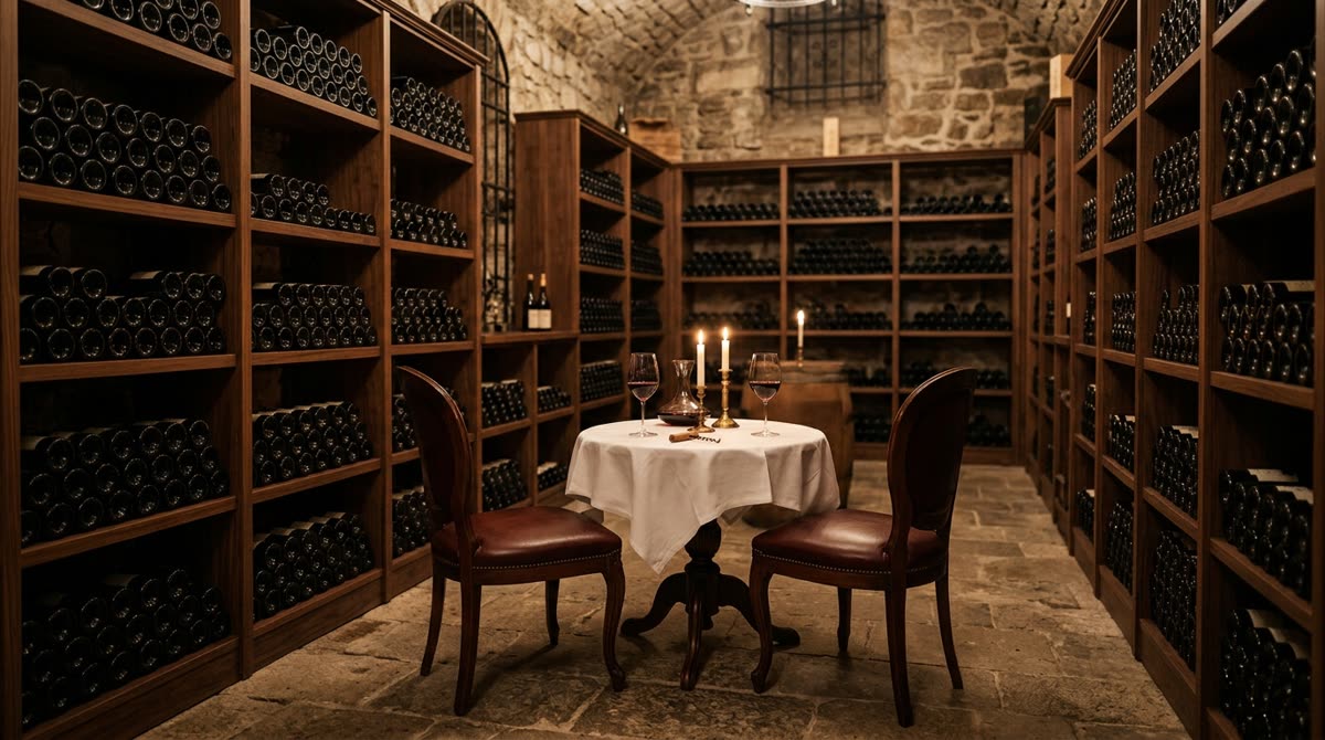 A wine cellar of wooden racks holding unlabeled resting bottles with a small tasting table.