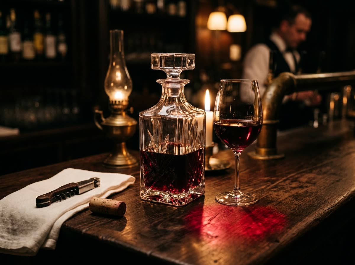 A decanter and glass of red wine on a dark bar beside a pulled cork and corkscrew.