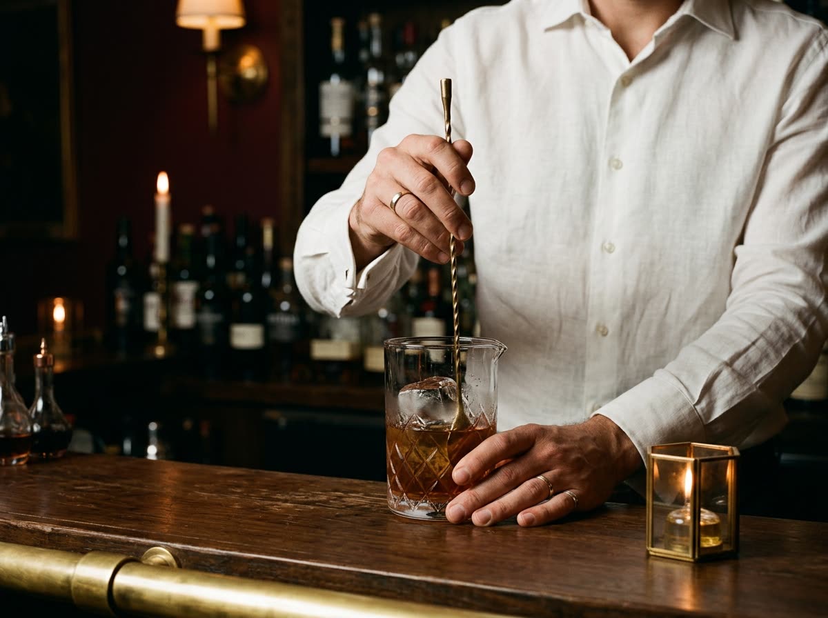 A bartender's hands stir a cocktail in a mixing glass with a bar spoon, face out of frame.